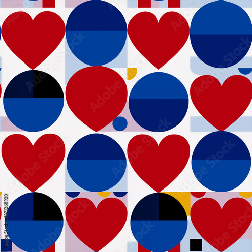 Valentine's Day Seamless Pattern with Hearts and Geometric Shapes in Red, Blue, and White. Modern, Abstract Design for Love, Romance, and Celebrations. Perfect for Backgrounds, Fabrics, and Digital