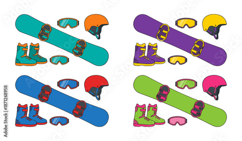 Colorful snowboard equipment sets for winter sport activity