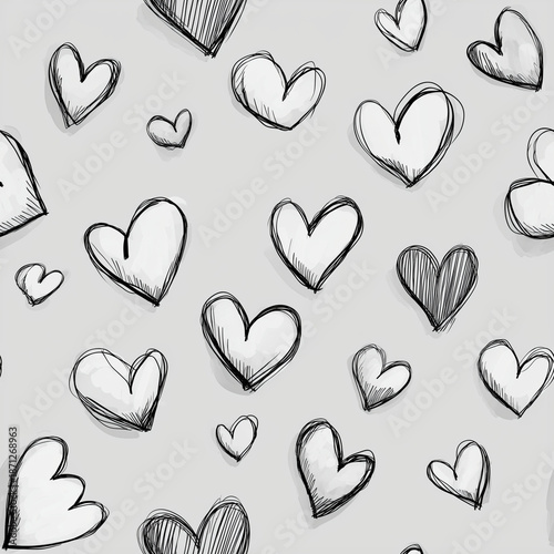 Valentine's Day Seamless Pattern with Hand-Drawn Hearts on a Gray Background, Perfect for Love-Themed Designs, Romantic Backgrounds, and Decorative Elements, Ideal for Digital and Print Projects