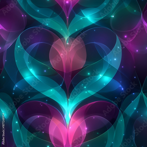 Abstract Valentine's Day Seamless Pattern with Glowing Hearts and Decorative Elements, Romantic Background for Love and Celebration, Digital Art Design, ValentineSeamlessPackage