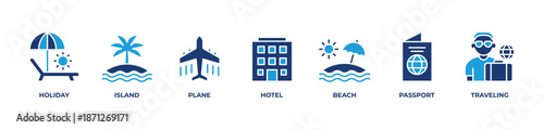 Explore the World Icons set vector illustration blue with Holiday, Island, Plane, Hotel, Beach, Passport, Traveling
