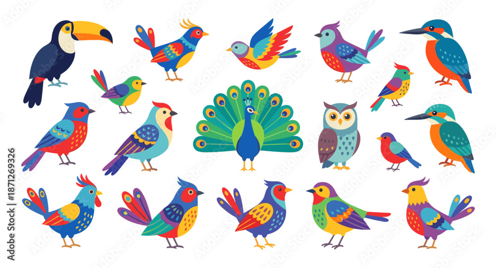 Obraz premium Colorful bird collection standing, flying, and perching