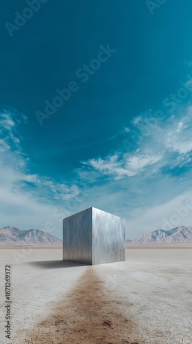 Metallic geometric shape rests upon a desolate, cracked earth expanse under a vivid blue sky