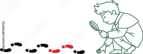 Detective investigating mystery footprints with magnifying glass, detective character finding clues, crime scene investigation, research and discovery concept, evidence search, investigation, vector.