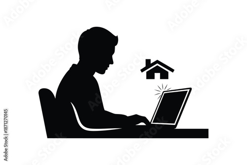 A person sitting at a desk working on a laptop with a house icon nearby