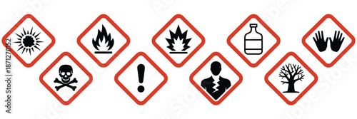 Hazard warning alert danger symbols in red white diamond set, transparent background illustration for chemical hazards, industrial safety signage, risk identification, and global harmonized system use