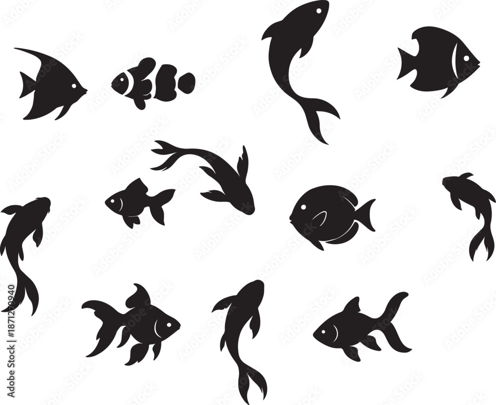 Obraz premium Black Fish Silhouette Collection for Logo Design and Educational Marine Infographics