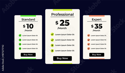 3 column comparison price chart template design for web business