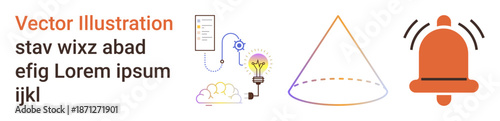 Innovation, alert system, data analysis, strategy, technology, creativity. Includes a lightbulb, chart outline and notification bell icon. Innovation and alert system effectively
