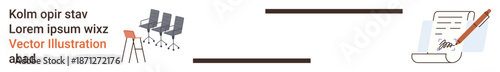Business, meeting spaces, productivity, organization, workplace, communication. Three office chairs and a clipboard with writing. Business and meeting spaces concepts are