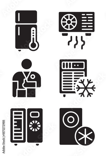 Black of refrigerator air conditioner and person with thermometer snowflake