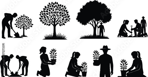 Gardening and tree planting silhouettes set, featuring people digging, planting saplings, holding pots, and environmental conservation activities for eco-friendly landscaping design projects, black.