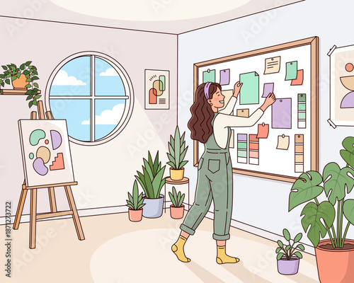 Young female designer organizing mood board in bright creative studio with houseplants, abstract art and large window, flat vector illustration of inspiration, planning and artistic workspace.