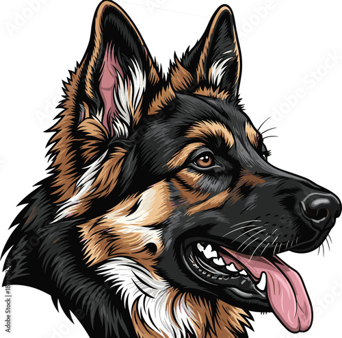 German Shepherd dog portrait vector illustration with realistic fur detail and tongue out isolated on white background for pet lovers and breeders,