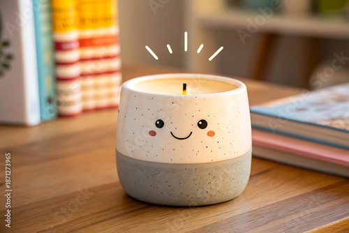 Cozy Warm Candle in Cute Smiling Ceramic Jar | Hygge Home Decor Reading Nook Scene