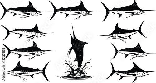 Atlantic blue marlin silhouette vector collection, set of isolated sailfish and swordfish icons, deep sea fishing graphic elements for design,