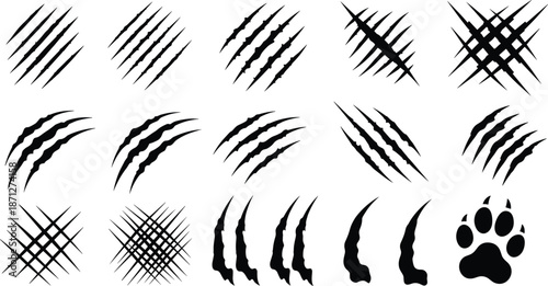 Animal claw scratch marks silhouette vector collection, set of isolated predator torn rip marks and paw print icons, graphic design.