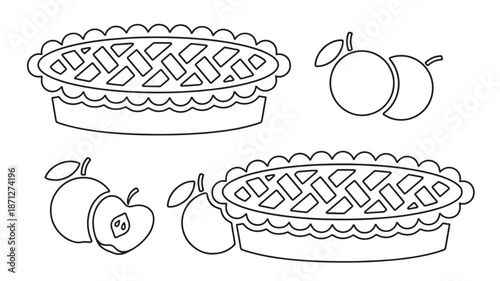Line art illustration of pies and apples on transparent background silhouette