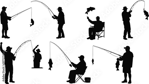 Fisherman silhouette vector collection, set of isolated man fishing with rod and catching fish icons, outdoor hobby graphic elements, design.