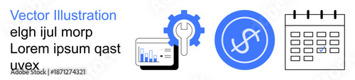 Financial planning, data analysis, business tools, scheduling, currency management, budgeting. Gear with a wrench, graph dollar symbol and calendar icons. Financial planning and data analysis