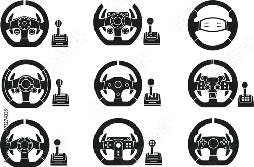Gaming steering wheel and gear shifter silhouette vector collection, set of isolated racing simulator icons, e-sports gaming controller graphic elements,