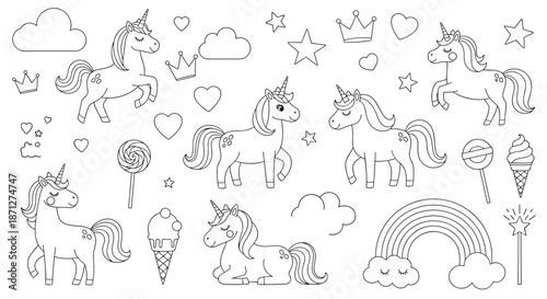 Cute collection of unicorn-themed line art icons for coloring pages including unicorns rainbows clouds stars and other magic items.