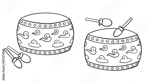 Two traditional drums with beaters line art illustration on transparent background silhouette