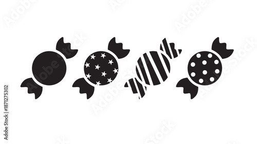 Black and white candy assortment with varied patterns on transparent background silhouette