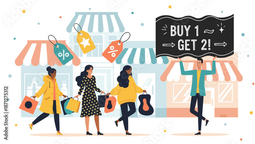 Happy women enjoying a shopping spree with amazing promotional offers and discount deals, celebrating retail therapy and successful bargain hunting