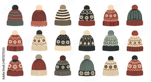 A large collection of cozy knitted winter hats with pom-poms featuring various traditional patterns and festive colors.