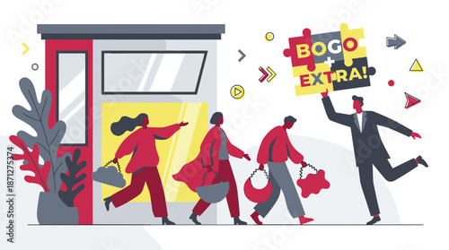 Excited shoppers benefiting from attractive retail promotions and special offers, making the most of sale events at a modern store