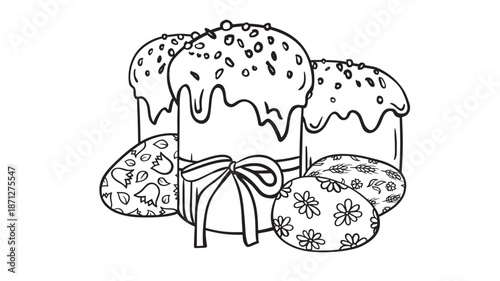 Easter treats with painted eggs and a ribbon on transparent background silhouette