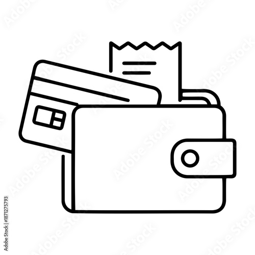Minimalist line art icon of a wallet with credit card and receipt