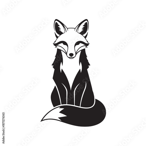 Stylized black silhouette of a fox sitting with its tail curled on a white background