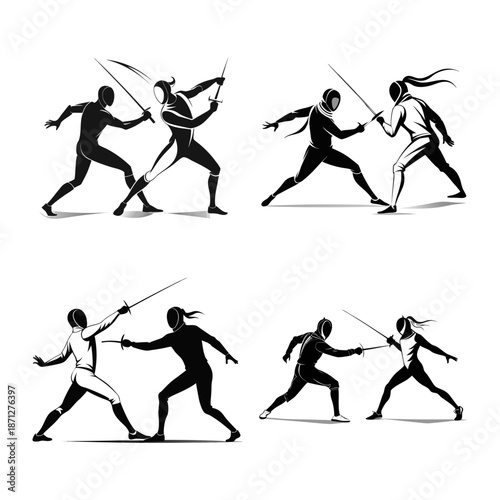 Dynamic Fencing Duels - Stylized Athlete Silhouettes