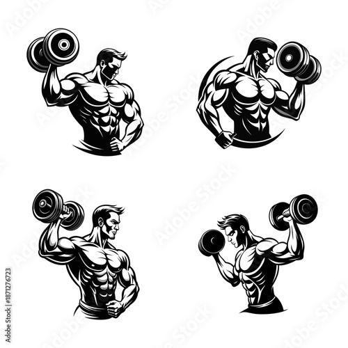 Muscular Bodybuilders Lifting Dumbbells Collection