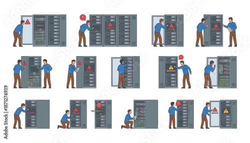 IT technician troubleshooting server error in data center