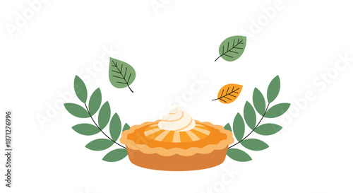 A delicious Thanksgiving pumpkin pie with whipped cream framed by green branches and falling autumn leaves for a festive design.