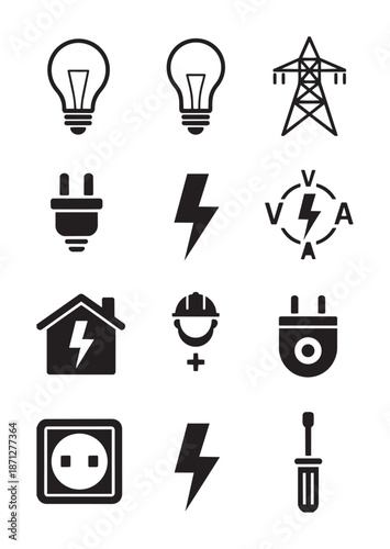 Collection of black electricity and power including lightbulbs plugs sockets lightning bolts and a power tower