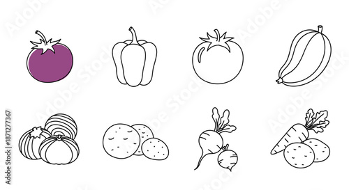 A simple set of fresh vegetable icons in a clean outline style including tomato pepper potatoes and carrots for healthy eating designs.