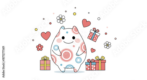 A cute and adorable patterned monster character surrounded by gifts flowers and hearts for a birthday or celebration card.