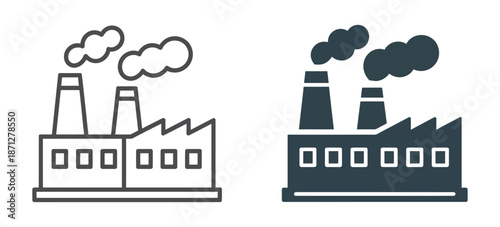 Manufacturing plant outline and solid icons featuring industrial chimneys with smoke clouds symbolizing environmental pollution and heavy production