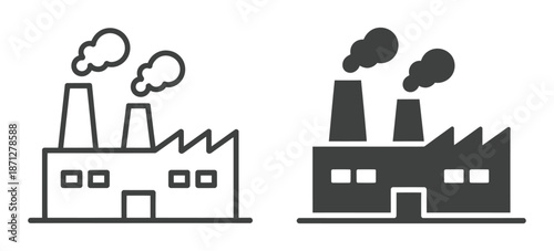 Industrial factory building icon set with smoke stacks and manufacturing plant silhouette representing heavy industry power energy and production site