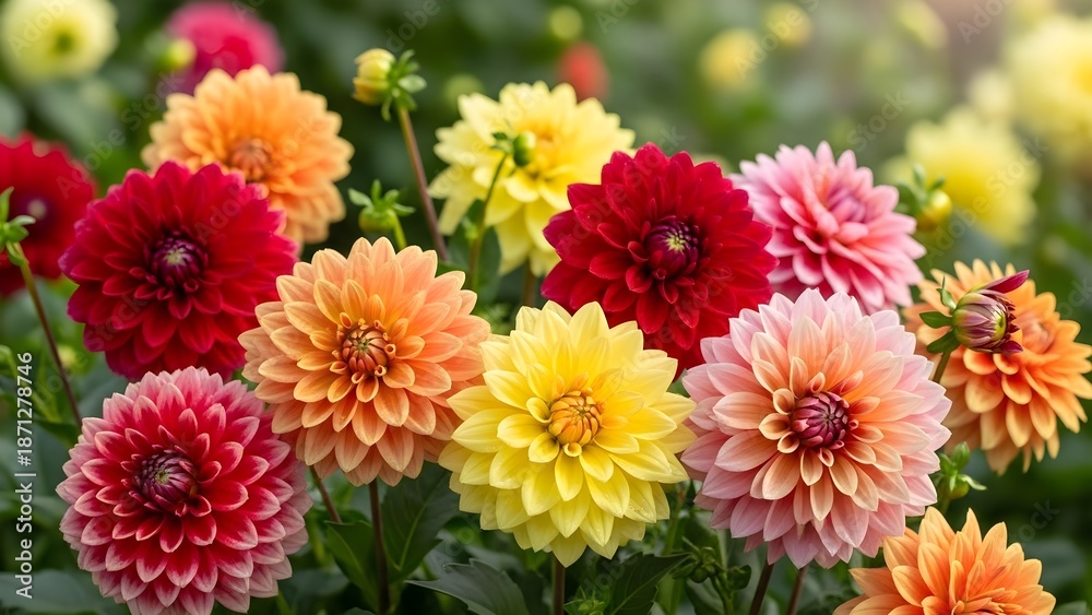 Fototapeta premium Vibrant Dahlia Flowers in Bloom, Colorful Garden Display, Fresh Floral Arrangement