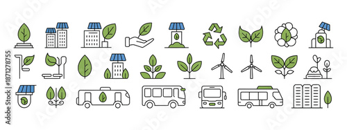 Eco friendly green city infrastructure icons set featuring solar panels wind turbines electric buses recycling symbols and sustainable urban living