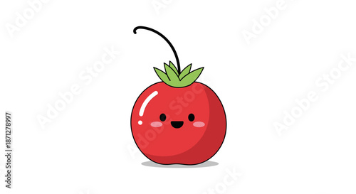 Super cute kawaii cartoon cherry tomato character with a happy smiling face and blushing cheeks isolated on a white background.