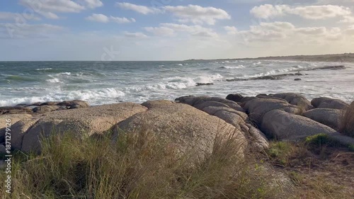 Atlantic Ocean Waves Crashing on Rocky Beach Uruguay 4K