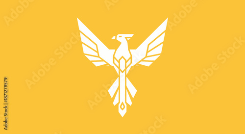 Geometric stylized white phoenix on a gold background