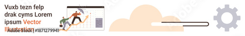 Business growth, teamwork, collaboration, cloud technology, productivity, goal achievement. Two people climb a graph near a cloud and a gear icon. Teamwork and business growth concept