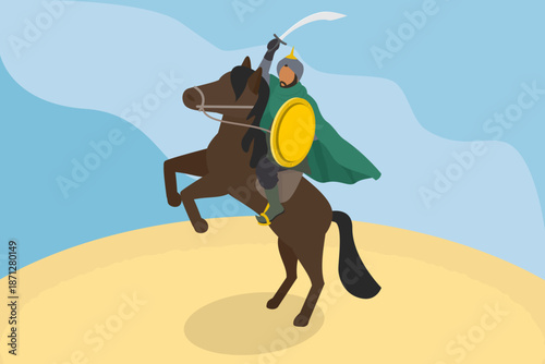 3D Isometric Flat Vector Illustration of Arab Warrior, Muslim Military Leader During The Crusades